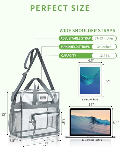 Clear Bag Stadium Approved 12×6×12, Clear Stadium Bag for Women and Men, Clear Tote Bag Stadium Approved for Festival Work Sport Event, Clear Lunch Bag with Non-Removable Strap - Grey