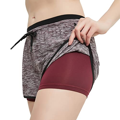 RIBOOM Women Workout Fitness Running Shorts Double Layer Active Yoga Gym Sport Shorts Violet