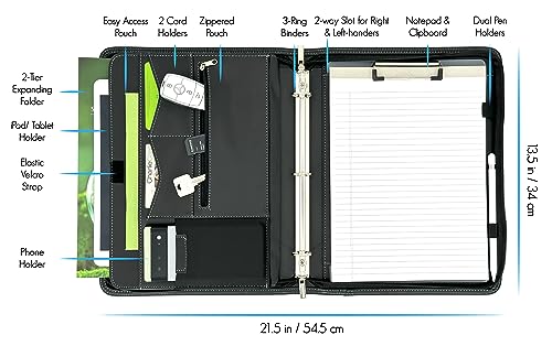 STYLIO Zipper Portfolio Binder | Padfolio 3 Ring Binder and Clipboard Folio (removable) | Portfolio Organizer for Documents, iPad, Tablet, Phone |Faux Leather Binder for Men and Women. Notebook Binder