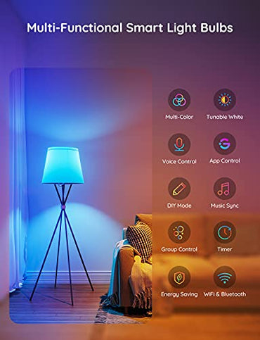 Govee Smart Light Bulbs, WiFi Bluetooth Color Changing Light Bulbs, Music Sync, 54 Dynamic Scenes, 16 Million DIY Colors RGB Light Bulbs, Work with Alexa, Google Assistant Home App, 4 Pack