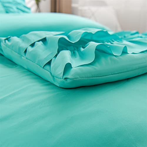 Holawakaka Aqua Waterfall Ruffle Comforter Set Queen Size Multi-Layers Ruffled Shabby Chic 3PCS Bedding Set for Girls Women