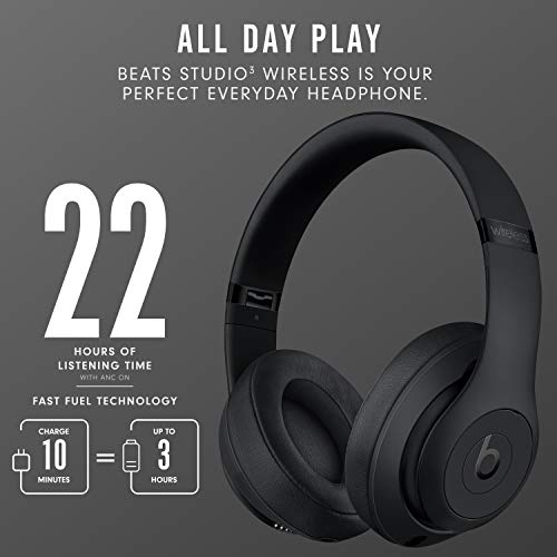 Beats Studio3 Wireless Noise Cancelling Over-Ear Headphones - Apple W1 Headphone Chip, Class 1 Bluetooth, 22 Hours of Listening Time, Built-in Microphone - Matte Black