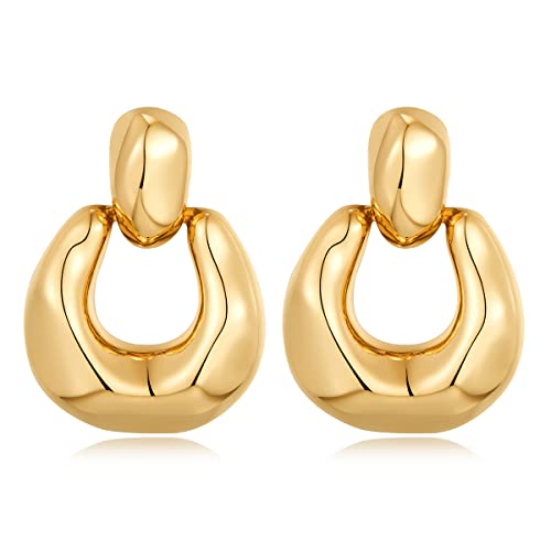 HESSAWELL Gold Dangle Earrings for Women Statement Chunky Small Cut Design Gold Drop Earrings Door Knock Shape Dangling Earrings for Girls