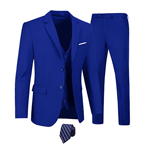 Mens 3-Piece Suit Two Button Notched Lapel Tuxedo Slim Fit Dress Business Wedding Party Jacket Vest & Pant with Tie Royal-L