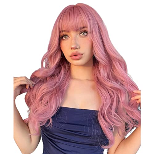 N NAYASA Pink Wigs with Bangs Long Wavy Pink Wigs for Women Synthetic Natural Wavy Wig Heat Resistant Colorful Wigs for Daily Party Cosplay Use 22”