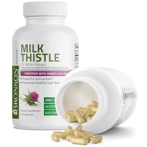 Bronson Milk Thistle Silymarin Marianum & Dandelion Root Liver Health Support, Antioxidant Support, Detox, 120 Capsules