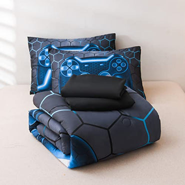 NTBED Game Console Comforter Set for Boys Girls Kids 3D Gaming Geometric Lightweight Microfiber Gamer Bedding Sets (Blue, Twin 5Pcs)