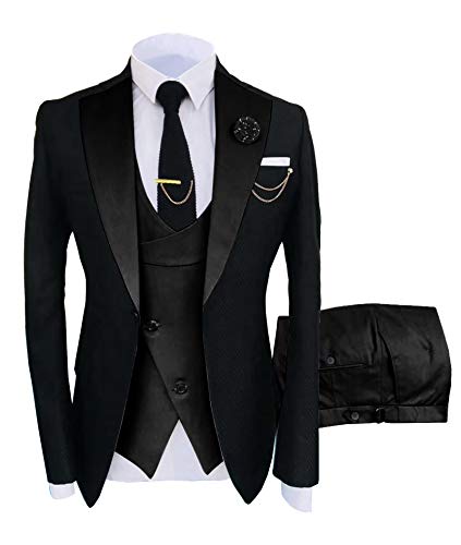 Men's Suits Slim Fit 3 Pieces Notch Lapel Formal Groomsmen Tuxedos for Wedding (Blazer+Vest+Pant)(Black,42)