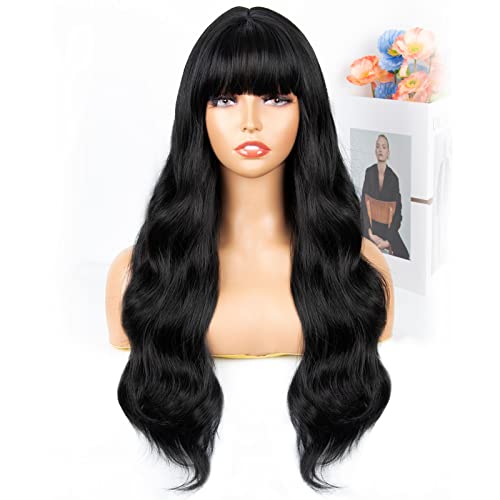 SOUTHEARTH Black Wig with Bangs, Long Wavy Wigs for Women Synthetic Curly Wigs with Bangs Hair Replacement Wigs for Daily Party Use 24inches