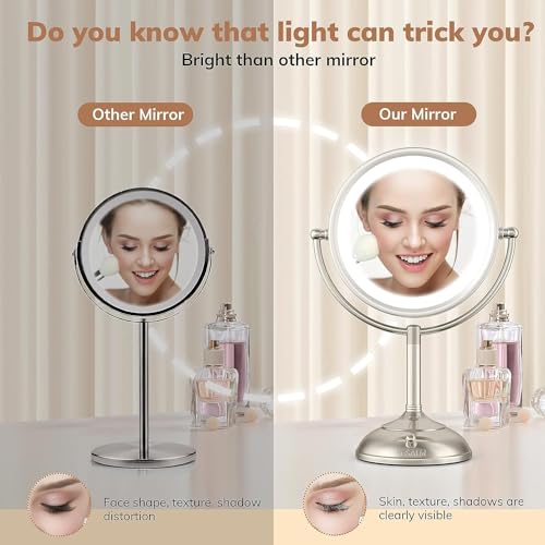VESAUR Professional 8.5" Large Lighted Makeup Mirror Updated with 3 Color Lights, 1X/10X Magnifying Swivel Vanity Brightness Dimmable Cosmetic Mirror with 48 Premium LED Lights, Senior Pearl Nickel