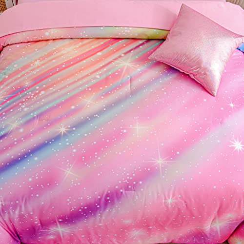 Btargot Super Soft 6 Pieces Gradient Star Ring Comforter Set, Colorful Glitter Rainbow Star Pattern Bedding Set for Boys Girls Teens,Twin Pink