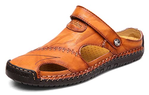 Honeystore Men's Leather Hollow Athletic Sandals Slip-on Roman Casual Shoes Light Brown 8.5 D(M) US Men
