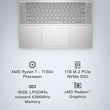 Dell Inspiron 16 5635 Laptop - AMD Ryzen 7-7730U, QHD 16 inch, 16GB LPDDR4x RAM, 1TB SSD, AMD Radeon Graphics, Windows 11 Home, 1 Year Premium Support - Platinum Silver