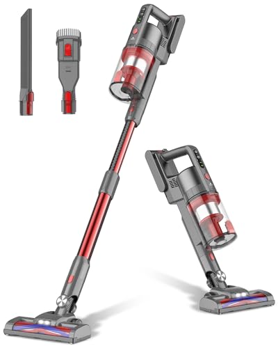 Fykee Cordless Vacuum Cleaner, Cordless Vacuum and 80,000 PRM Brushless Motor, Stick Vacuum Cleaner with Large Detachable Battery up to 35 mins Run Time （Grey Red）