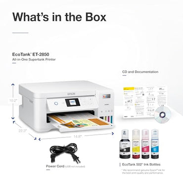 Epson EcoTank ET-2850 Wireless Color All-in-One Cartridge-Free Supertank Printer with Scan, Copy and Auto 2-Sided Printing. Full 1-Year Limited Warranty - White (Refurbished)