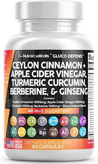 Clean Nutraceuticals Ceylon Cinnamon 3000mg Turmeric 3000mg Apple Cider Vinegar 3000mg Ginseng 2000mg Berberine 1200mg Plus Bitter Melon Gymnema Milk Thistle Fenugreek