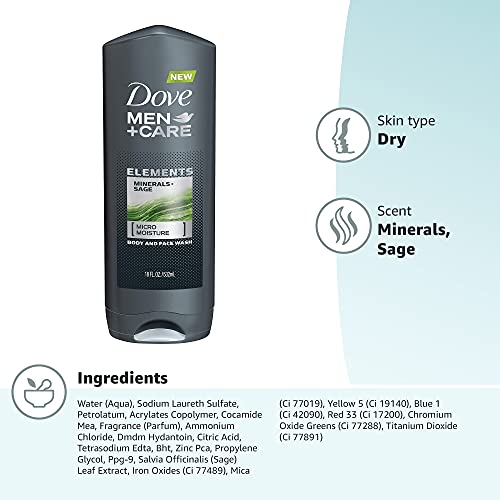 DOVE MEN + CARE Elements Body Wash Mineral+Sage 18 oz Effectively Washes Away Bacteria While Nourishing Your Skin (Pack of 4)