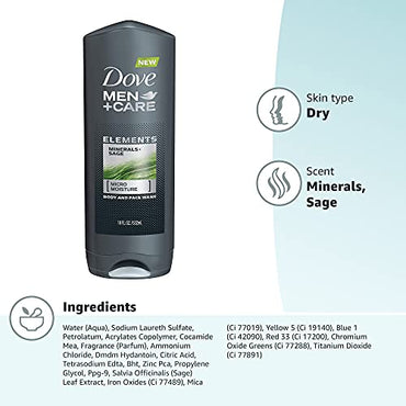 DOVE MEN + CARE Elements Body Wash Mineral+Sage 18 oz Effectively Washes Away Bacteria While Nourishing Your Skin (Pack of 4)