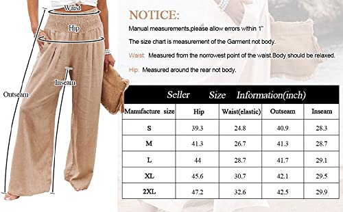 Vansha Women Summer High Waisted Cotton Linen Palazzo Pants Wide Leg Long Lounge Pant Trousers with Pocket Khaki S