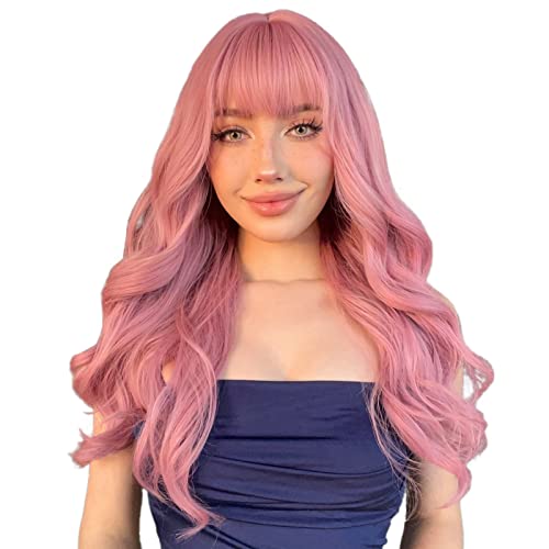 N NAYASA Pink Wigs with Bangs Long Wavy Pink Wigs for Women Synthetic Natural Wavy Wig Heat Resistant Colorful Wigs for Daily Party Cosplay Use 22”