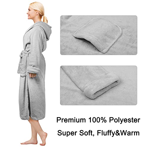 Hooded Sherpa Robe Long Plush Fuzzy Bathrobe for Women with Hood Sherpa Lined Grey