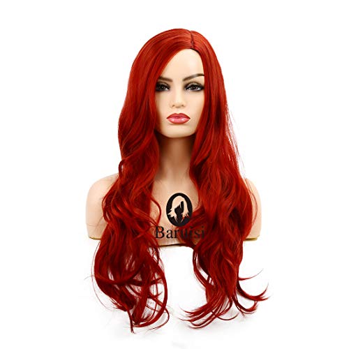 Baruisi Long Curly Wavy Red Wigs for Women Side Part Natural Looking Cosplay Synthetic Fiber Wig Heat Resistant Replacement Wig