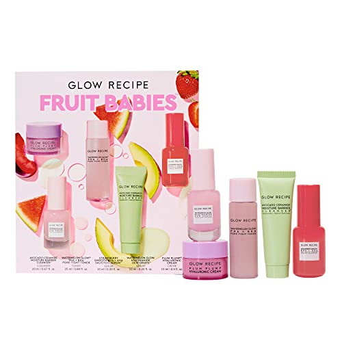 Glow Recipe - Fruit Babies Bestsellers Kit - Mini Travel Size Beauty Essentials - Avocado Foam Cleanser, Niacinamide Dew Drops Serum, Pore-Tight Toner, Salicylic Serum, Hyaluronic Acid Cream (5 Count)