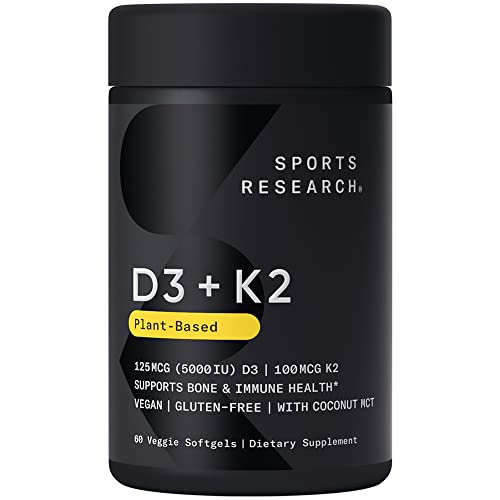Sports Research Vitamin D3 K2 with 5000iu of Vegan D3 & 100mcg of Vitamin K2 as MK7 | Non-GMO Verified, Vegan Certified, Gluten & Soy Free - 60 Liquid Softgels