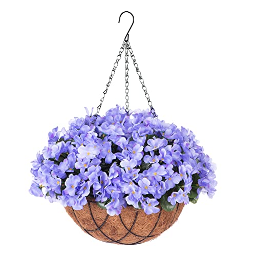 Artificial Flowers with HangingBasket for Outdoor Indoor, Fake Hydrangea Flowers in Coconut Lining Hanging Basket for Home Courtyard Decoration, 4 Branches Hydrangea Flowers in 12'' Basket(Blue)