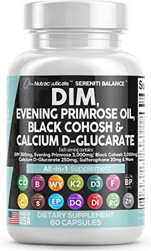 DIM 300mg Evening Primrose 3000mg Black Cohosh 3000mg Calcium D-Glucarate 250mg Sulforaphane Flax Seed Extract - Hormonal Balance Support Vitamins for Women with Dong Quai - Made in USA 60 Caps