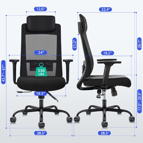 Ergonomic Computer Desk Chairs - Mesh Home Office Desk Chairs with Lumbar Support & 3D Adjustable Armrests (High Back)