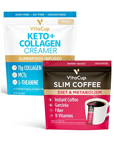 Vitacup Slim Instant Coffee Packets & Keto + Collagen Vanilla Coffee Creamer Bundle for Diet Support, 24 Instant Coffee Sticks & 10 oz Creamer Powder Bag
