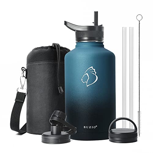 Insulated Water Bottle 64 oz with Straw Lid (3 Lids), BUZIO 64oz Stainless Steel Water Bottle Half Gallon Jug Flask, Double Wall Vacuum Sports Thermo Mug, Cold Hot Hydro Metal Canteen, Indigo Black