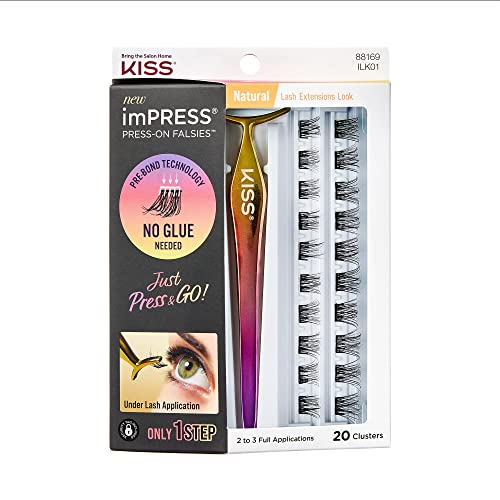 imPRESS KISS Falsies False Eyelashes, Lash Clusters, Natural', 12 mm, Includes 20 Clusters, 1 applicator, Contact Lens Friendly, Easy to Apply, Reusable Strip Lashes