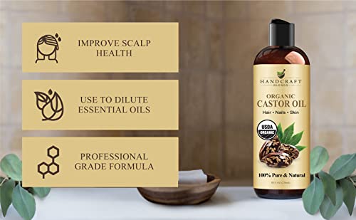 Handcraft Blends Organic Castor Oil for Hair Growth, Eyelashes and Eyebrows - 100% Pure and Natural Carrier Oil, Hair Oil and Body Oil - Moisturizing Massage Oil for Aromatherapy - 8 fl. Oz