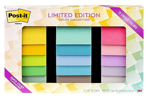 Post-it Super Sticky Notes, Limited Edition Color Collection, 3x3 in, 15 Pads/Pack, 45 Sheets/Pad