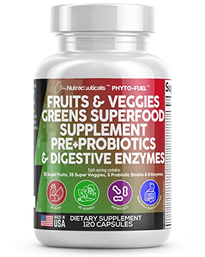 Fruits and Veggies Supplement Reds & Green Superfood - A Natural Balance of Over 70 Fruit and Vegetable Supplements Capsules with Probiotics Prebiotics Digestive Enzymes Nature Spirulina -120 Ct USA