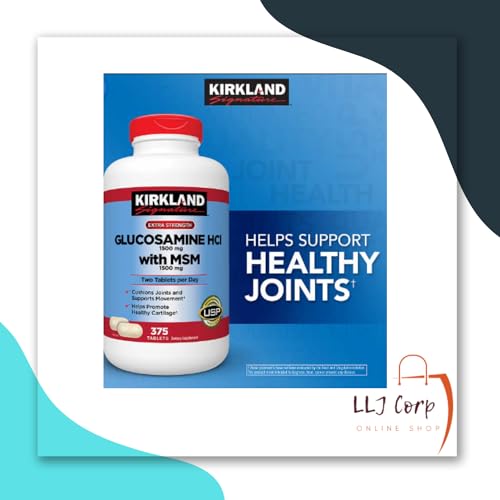 Kirkland Signature Extra Strength Glucosamine Extra Strength HCl with MSM, 375 Tablets Pack 2 Bundle with Weekly Pill Planner + LLJ Corp Sticker.