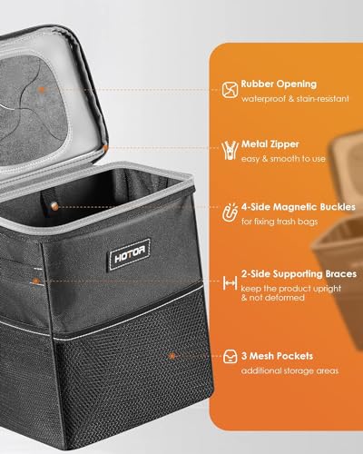 HOTOR Car Trash Can with Lid and Storage Pockets - 100% Leak-Proof Organizer, Waterproof Garbage Can, Multipurpose Trash Bin for Car, 2 Gallons, Black