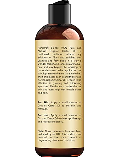 Handcraft Blends Organic Castor Oil for Hair Growth, Eyelashes and Eyebrows - 100% Pure and Natural Carrier Oil, Hair Oil and Body Oil - Moisturizing Massage Oil for Aromatherapy - 8 fl. Oz