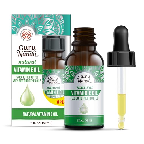 GuruNanda Vitamin E Oil (2 Fl Oz) - 100% Pure & Natural, 15,000 IU per Bottle for Skin, Hair, Face, Nails & Scars - With Coconut Oil to Help Nourish & Moisture - Non-GMO, Vegan & No Soybean