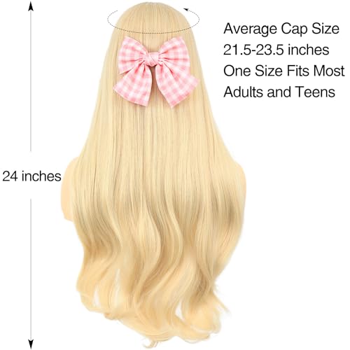 morvally Long Blonde Wig with Bangs for Women Wavy Synthetic Hair Wigs for Girls Cosplay Costume Halloween Party Daily Wear Including Shell Necklace Bracelets Earrings Sunglasses and Bow Hair Clip