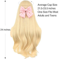 morvally Long Blonde Wig with Bangs for Women Wavy Synthetic Hair Wigs for Girls Cosplay Costume Halloween Party Daily Wear Including Shell Necklace Bracelets Earrings Sunglasses and Bow Hair Clip