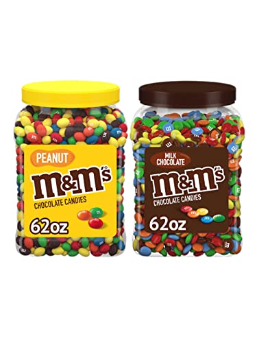 M&M's Chocolate Peanut Jar and M&M's Milk Chocolate Jar - 62oz each (Pack of 2) - Candy Bulk Plastic Jar - Pantry Size - By World Group Packing Solutions