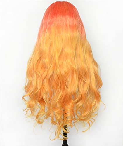 BLUPLE Red Orange Lace Front Wigs Ombre Yellow Mixed Color Long Natural Wavy Half Hand Tied Synthetic Hair Replacement Wigs 24 Inch for Women Party Show