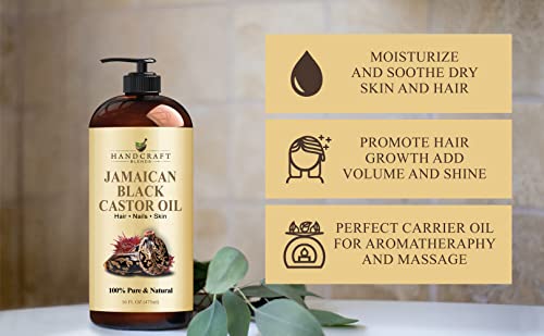 Handcraft Blends Jamaican Black Castor Oil for Hair Growth, Eyelashes and Eyebrows - 100% Pure and Natural Carrier & Body Oil - Use As Aromatherapy Carrier Oil, Moisturizing Massage Oil - 16 fl. oz