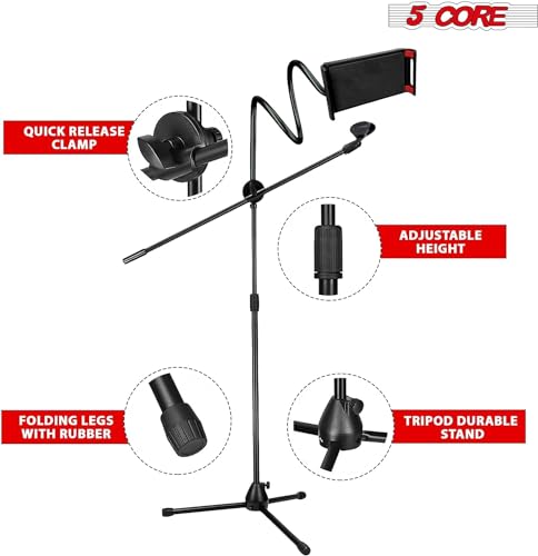 5 Core Microphone Stand Pair + Phone Holder Floor Boom Mic Stand Gooseneck + Tablet Holder Collapsible Adjustable Tripod Mic Stand w Two Mic Clips + Carry Bag for Singing Karaoke Studio Parties MS MOB