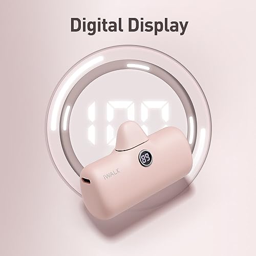 iWALK Portable Charger 4800mAh Power Bank PD Fast Charging Small Docking Battery with LED Display Compatible with iPhone 14/14 Pro Max/13/13 Pro Max/12/12 Pro/11/X/8/7/6,Pink