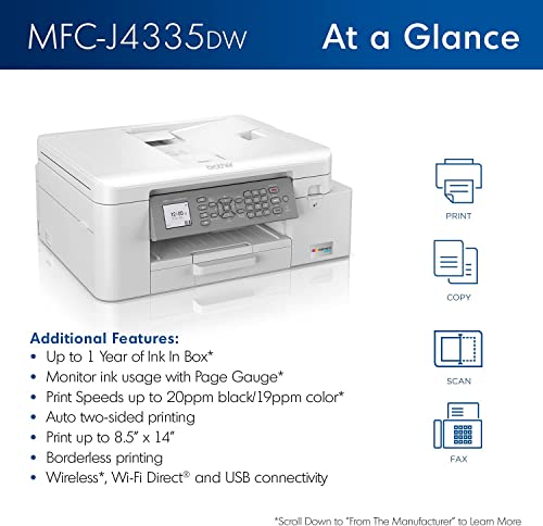 Brother MFC-J4335DW INKvestment Tank All-in-One Printer with Duplex and Wireless Printing Plus Up to 1-Year of Ink in-Box (Refurbished)