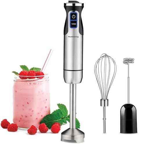 MuellerLiving Hand Blender, Immersion Blender, Hand Mixer with Attachments: Stainless Steel Blade, Whisk, Milk Frother